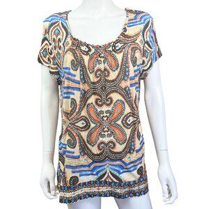 Chicos Womens Print Top Size 2 Multicolor Rayon Relaxed Fit